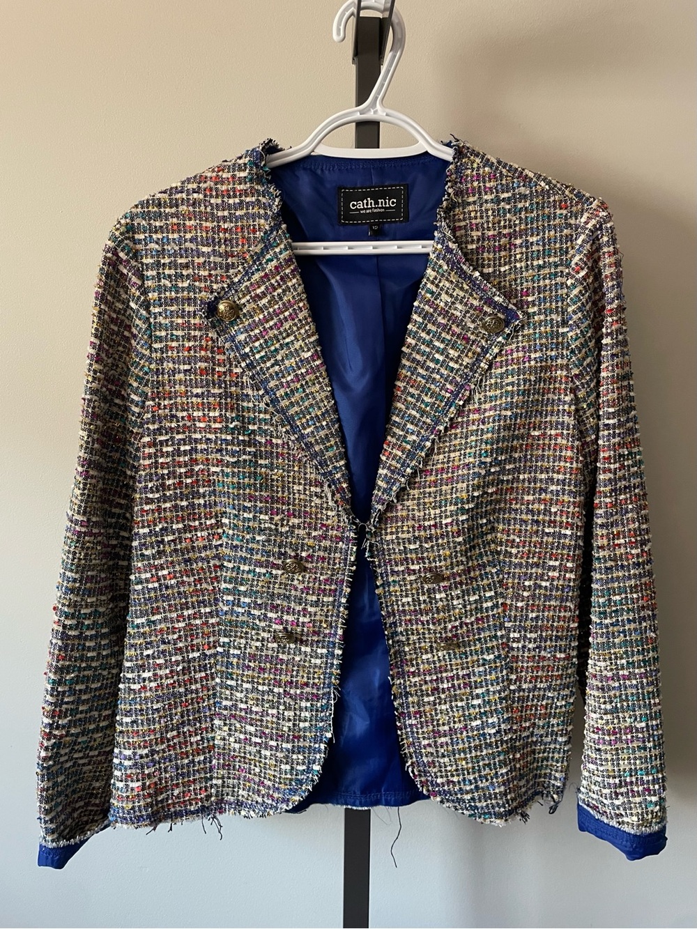 Cath.nic Rainbow Metallic Tweed Bouclé Blazer Jacket Raw Hem